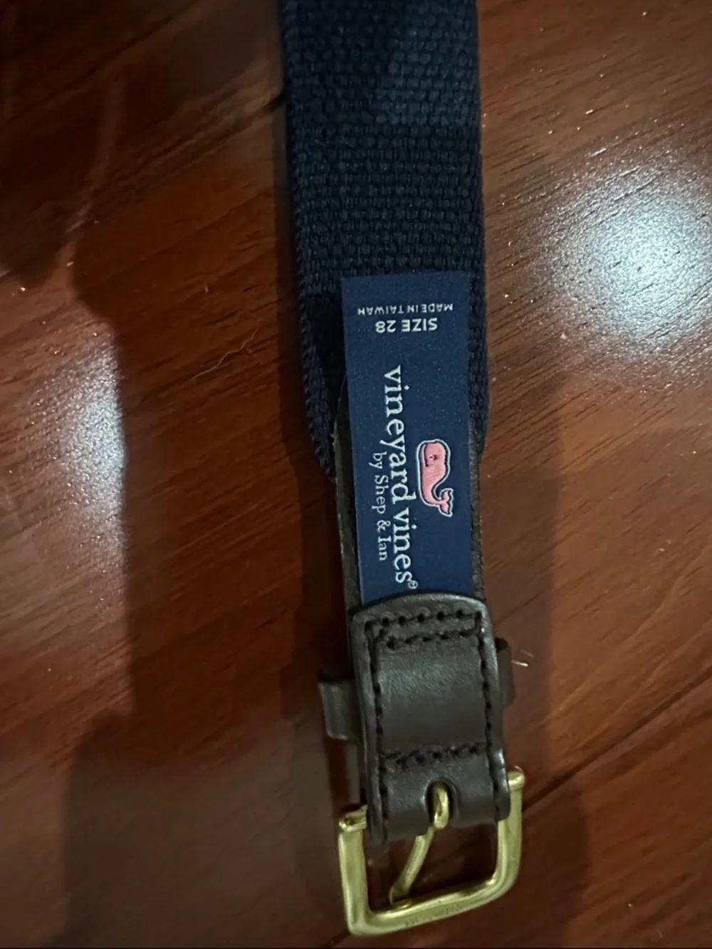 Vineyard Vines Navy Woven Belt with Brown Leather and Gold Buckle, Worn once